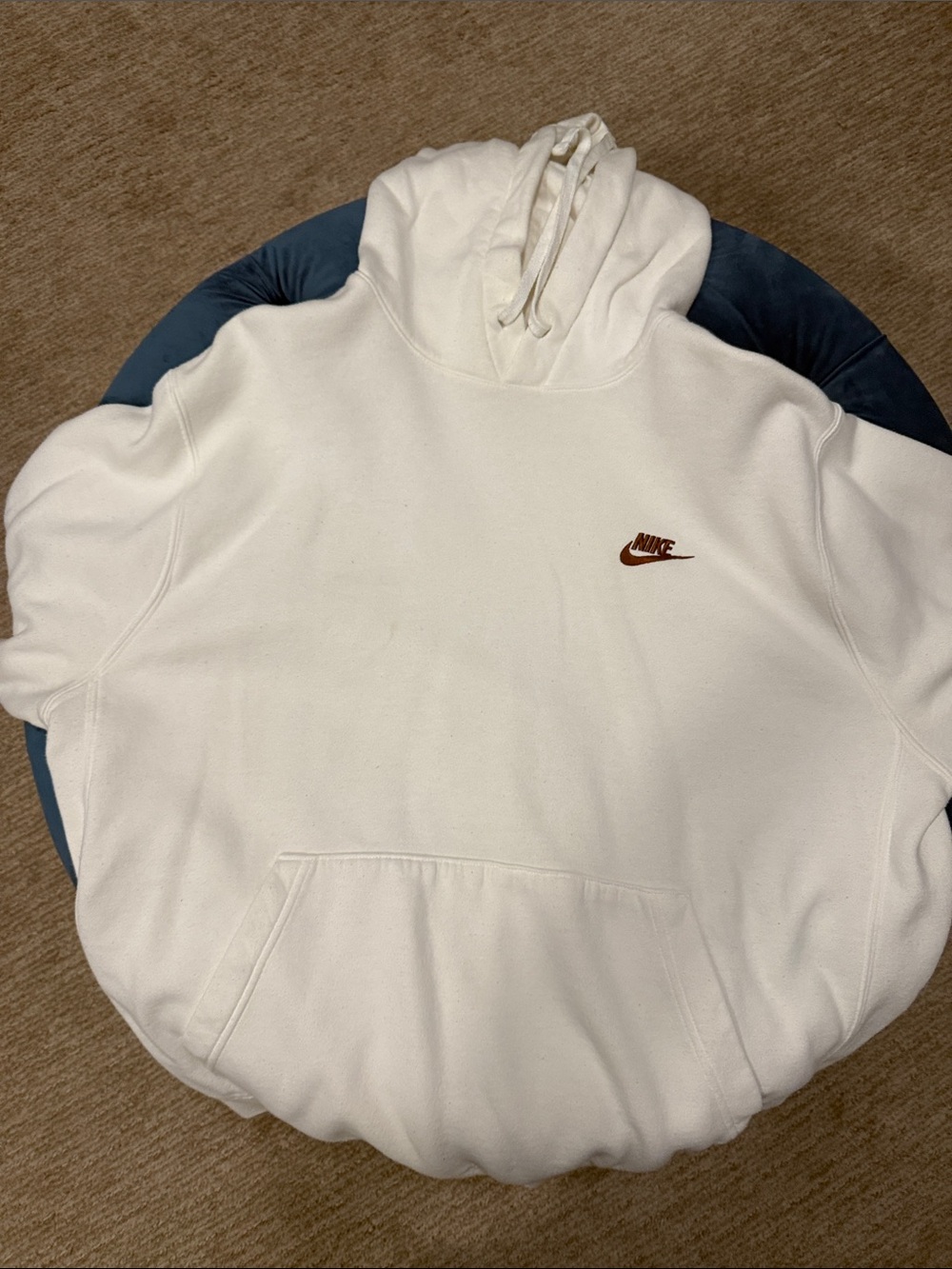 Nike White Crewneck Hoodie with Brown Swoosh - Men's